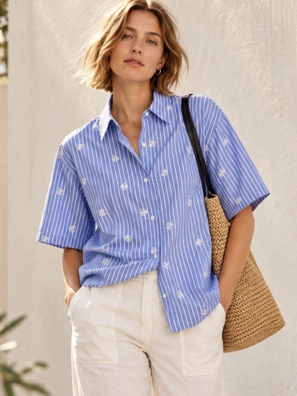 NWT Rag & Bone ‘Ella’ Oversized Embroidered Short Sleeve Button-Up Shirt in Blue